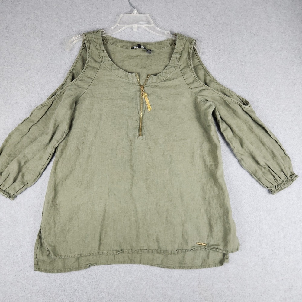 Ellen Tracy Blouse Top Womens L Green Linen Cold Shoulder Sleeve Tassel 1/4 Zip